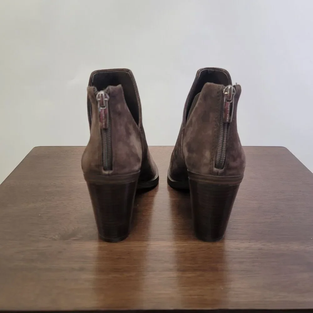 Vince Camuto Brown Suede Pointed Ankle Booties with Stacked Heel